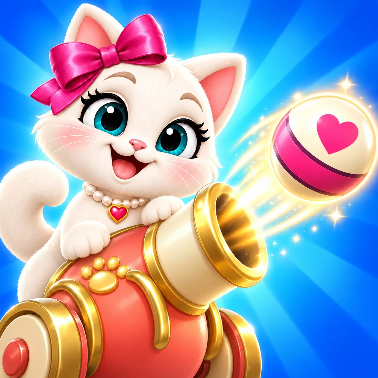 Beauty Smash cat with a pink bow and golden cannon against a bright blue background